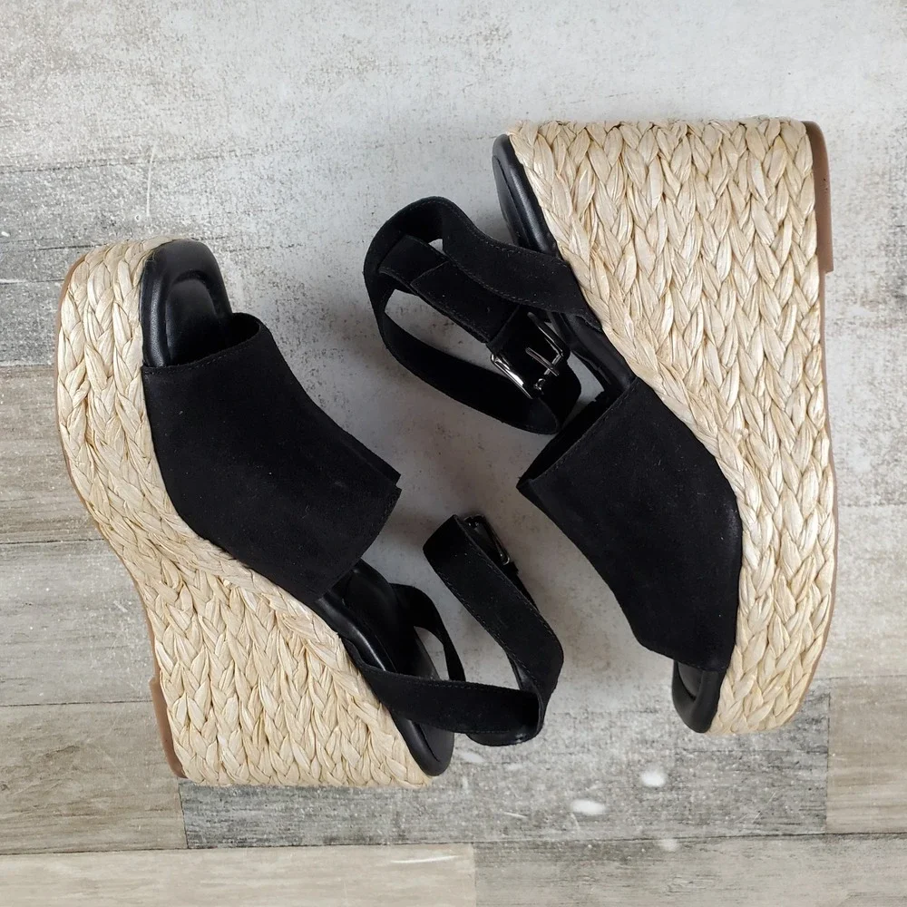 Marc Fisher LTD Nelly Womens Espadrille Wedge Sandals Sz 10 M Black Suede